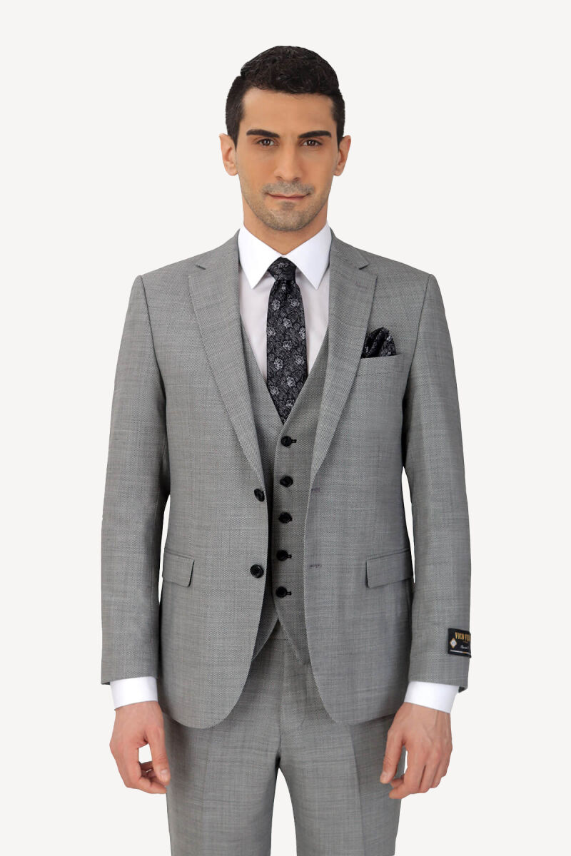 Erkek Gri Silim Fit Yelekli Desenli Takım Elbise - 2