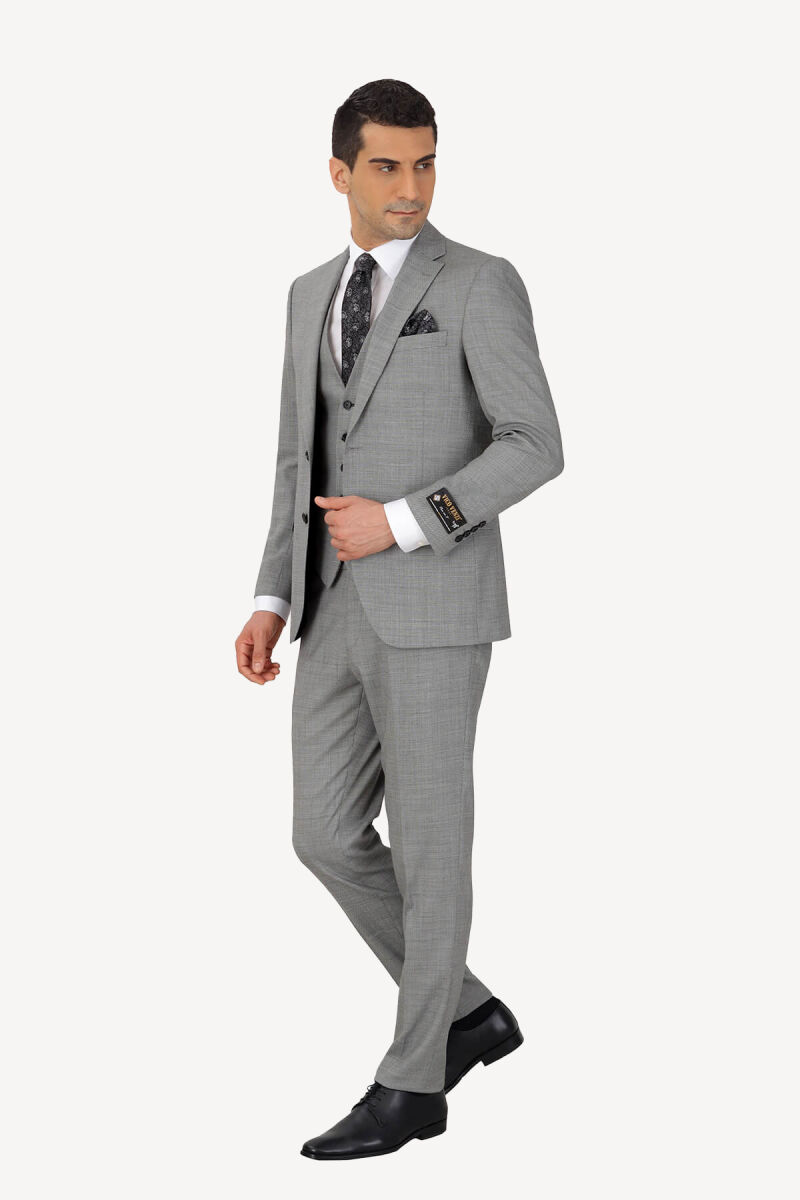 Erkek Gri Silim Fit Yelekli Desenli Takım Elbise - 3