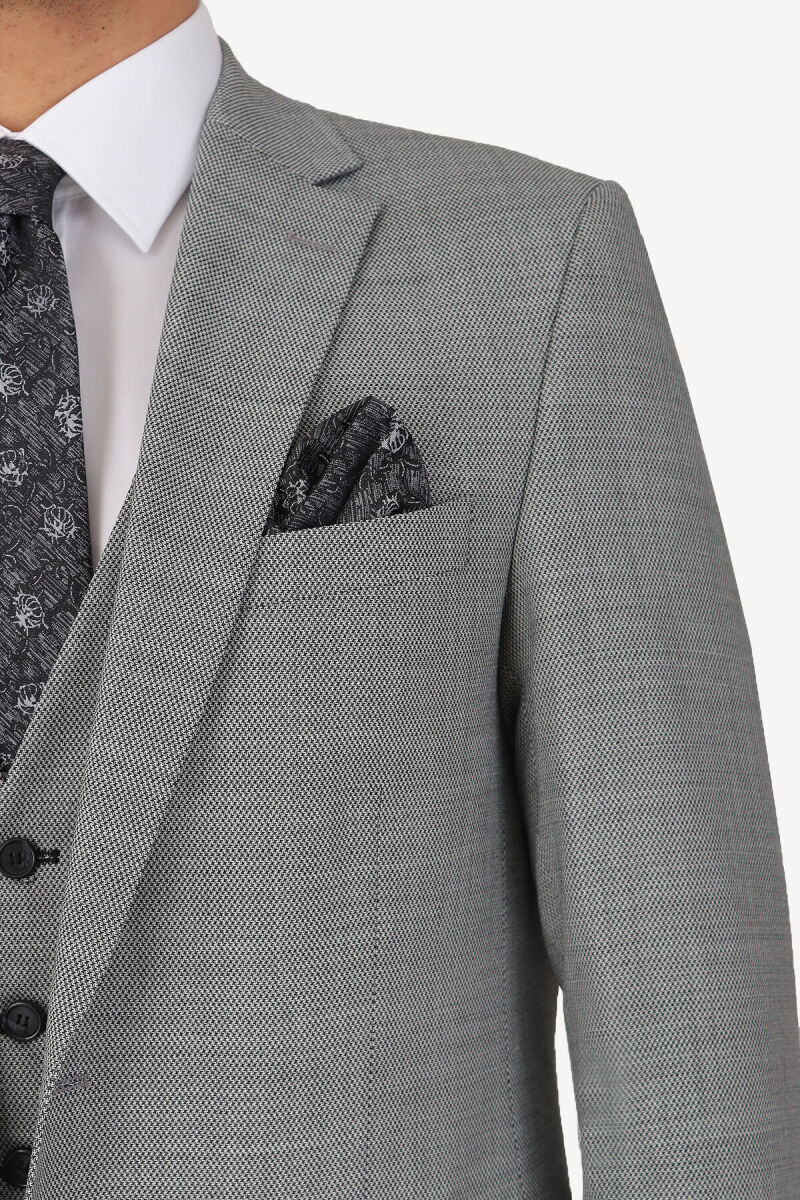 Erkek Gri Silim Fit Yelekli Desenli Takım Elbise - 4