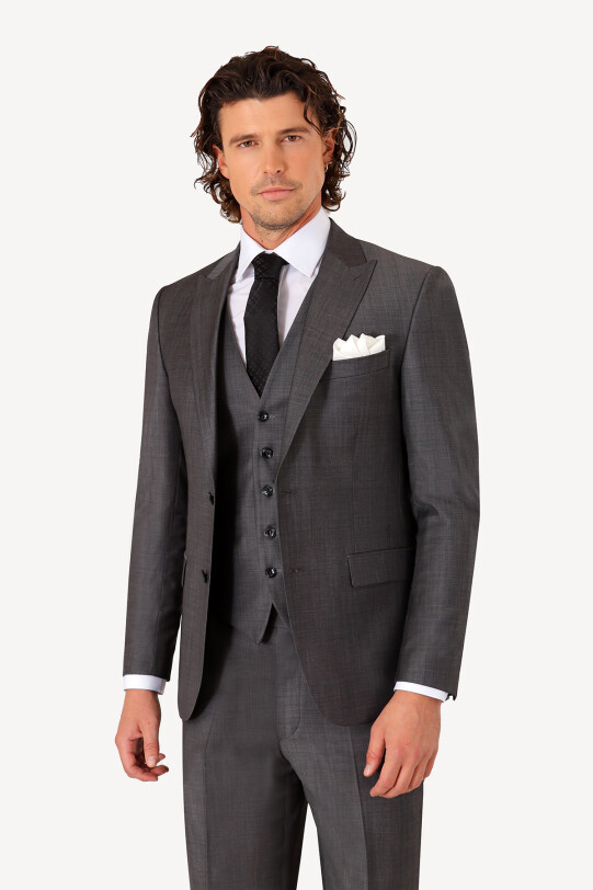 Erkek Gri Slim Fit Çift Yırtmaç Yelekli Takım Elbise