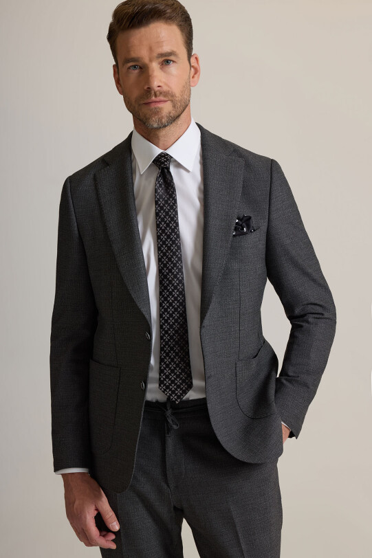 Erkek Gri Slim Fit Geniş Mono Yaka Jogger Pantolonlu Takım Elbise