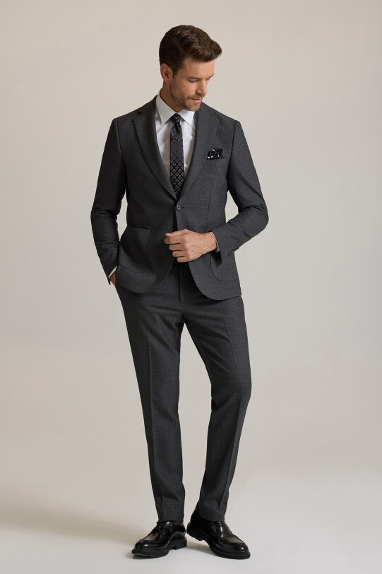 Erkek Gri Slim Fit Geniş Mono Yaka Jogger Pantolonlu Takım Elbise