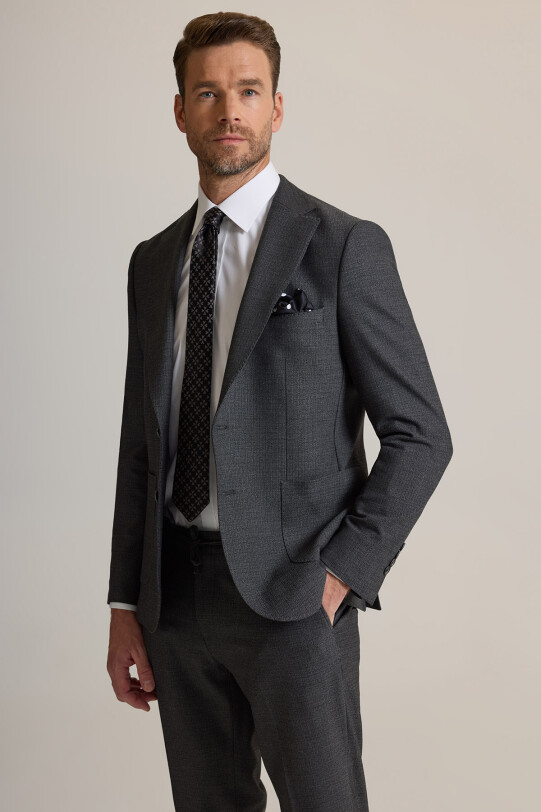 Erkek Gri Slim Fit Geniş Mono Yaka Jogger Pantolonlu Takım Elbise