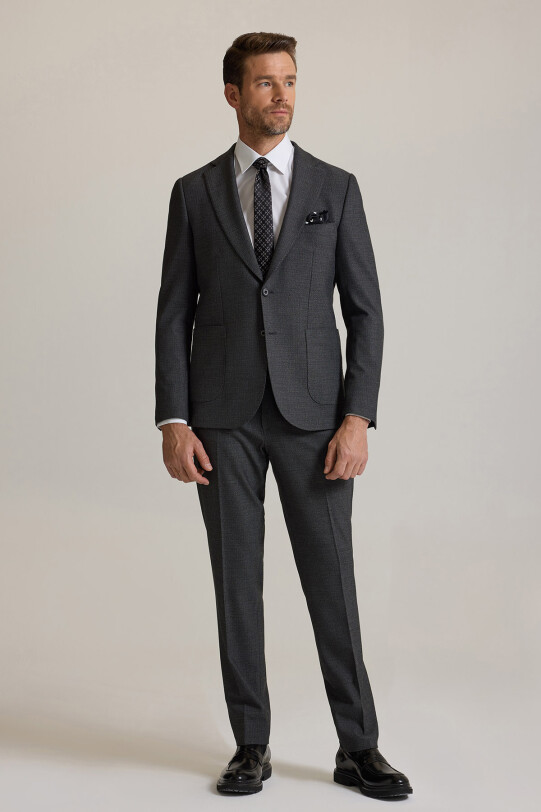 Erkek Gri Slim Fit Geniş Mono Yaka Jogger Pantolonlu Takım Elbise