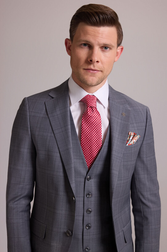 Erkek Gri Slim Fit Kareli Yelekli Yün Mono Yaka Takım Elbise