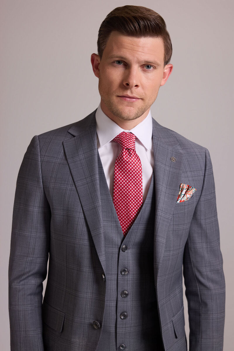 Erkek Gri Slim Fit Kareli Yelekli Yün Mono Yaka Takım Elbise - 1