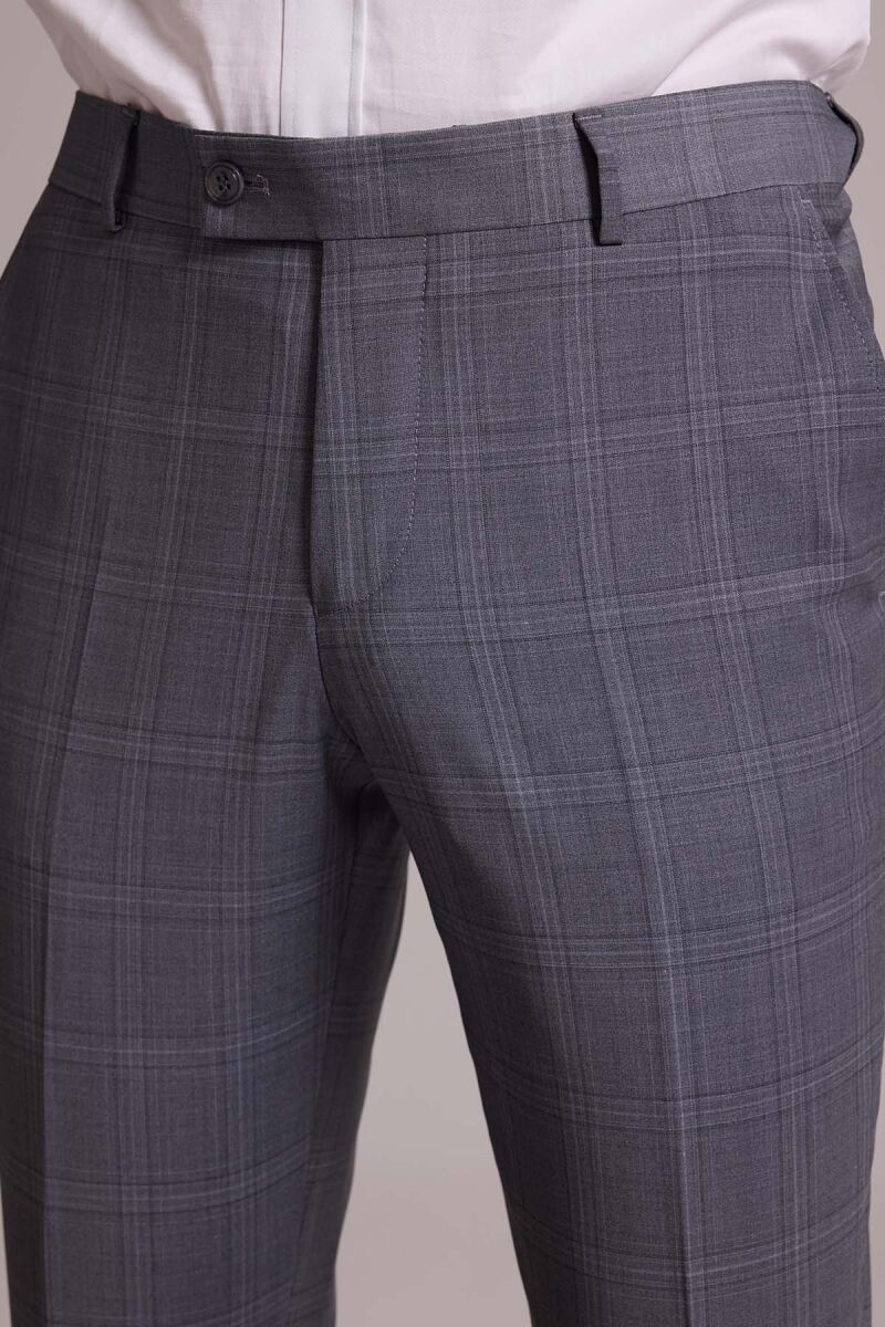 Erkek Gri Slim Fit Kareli Yelekli Yün Mono Yaka Takım Elbise - 10