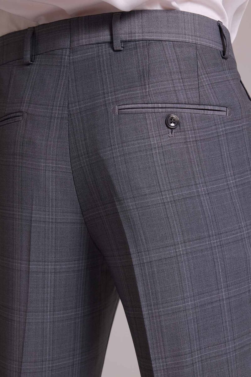 Erkek Gri Slim Fit Kareli Yelekli Yün Mono Yaka Takım Elbise - 11