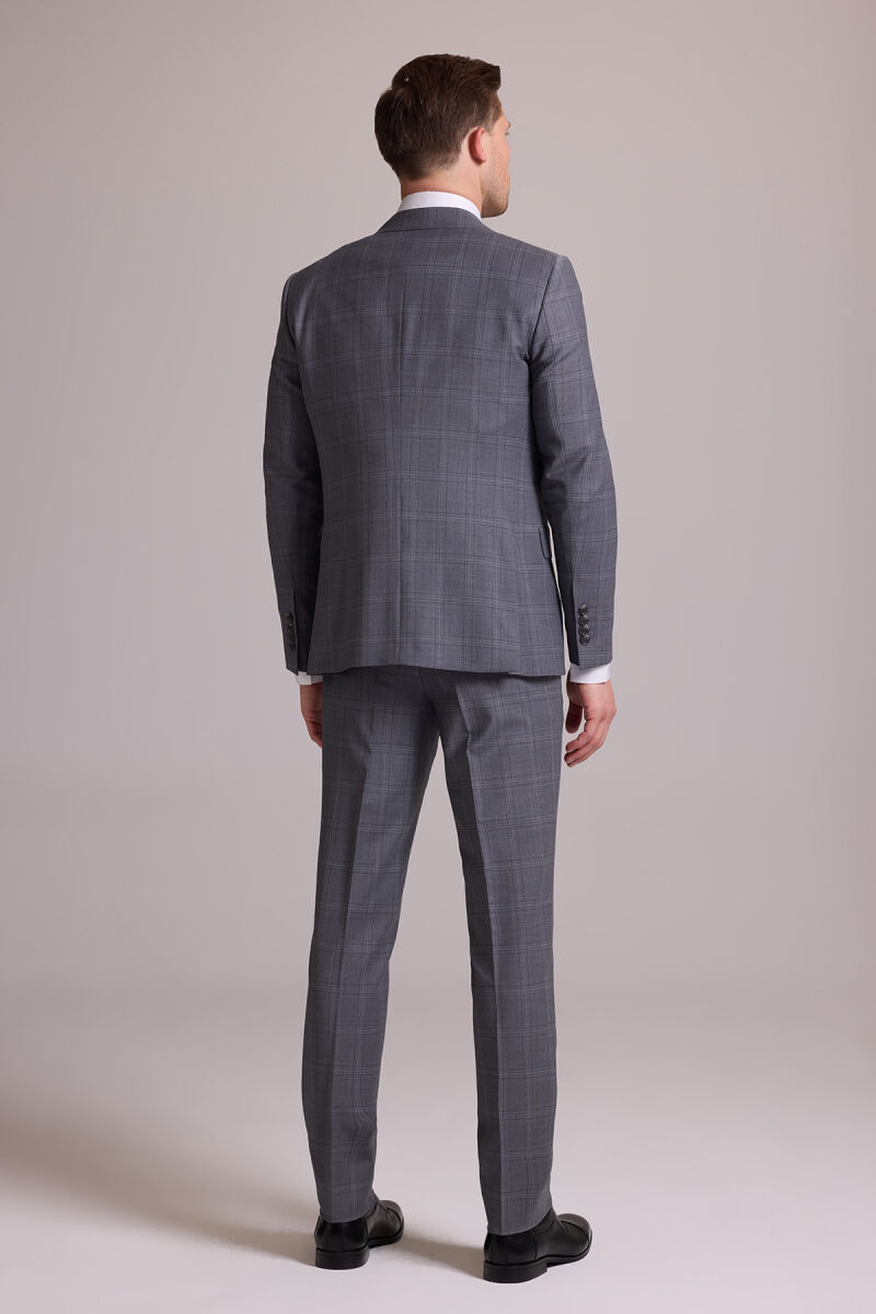 Erkek Gri Slim Fit Kareli Yelekli Yün Mono Yaka Takım Elbise - 12