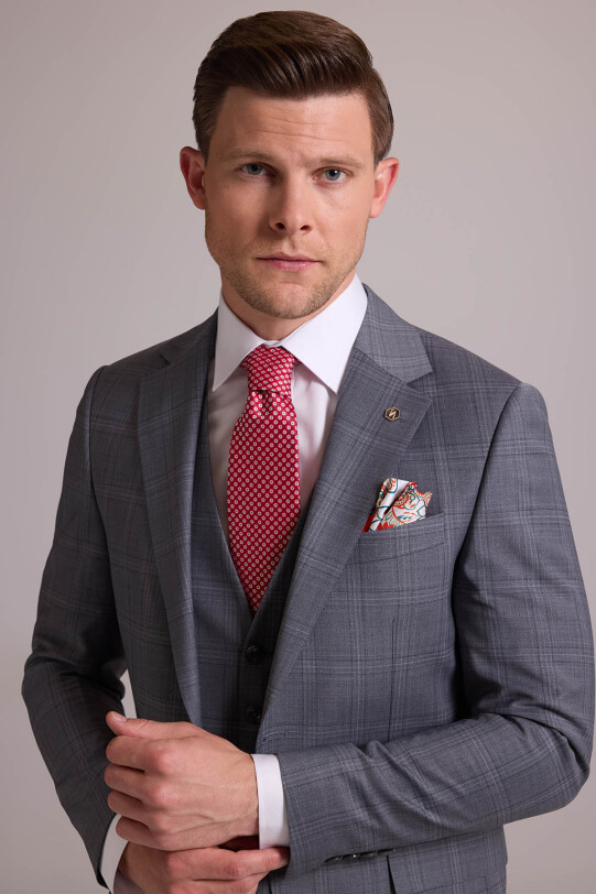 Erkek Gri Slim Fit Kareli Yelekli Yün Mono Yaka Takım Elbise