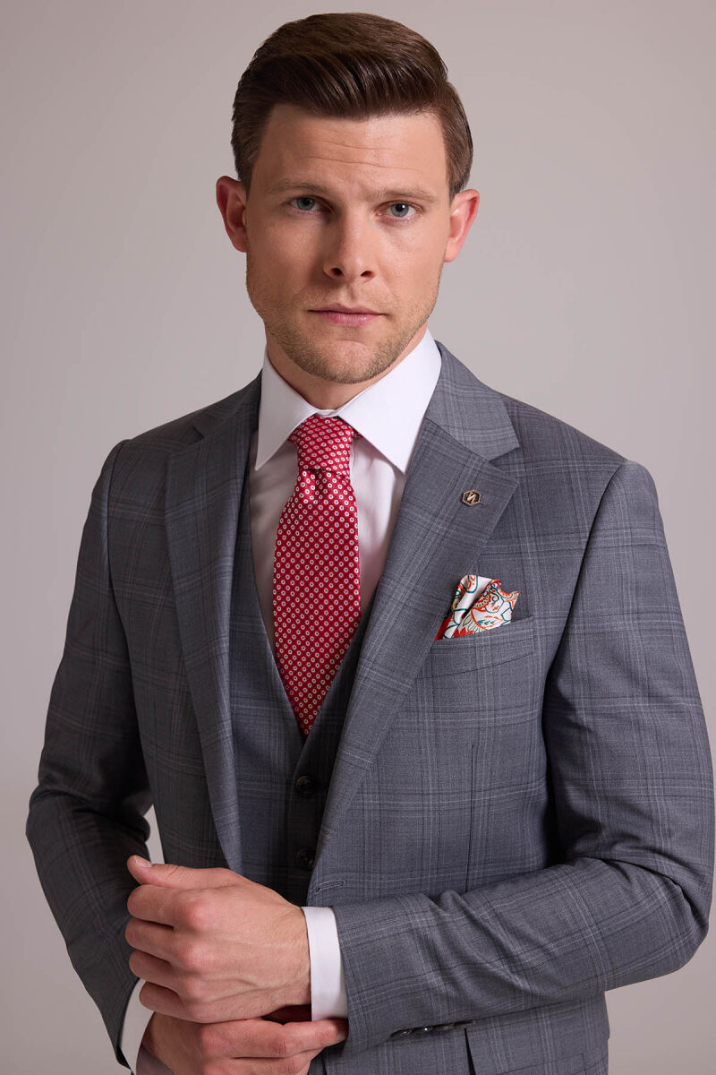 Erkek Gri Slim Fit Kareli Yelekli Yün Mono Yaka Takım Elbise - 2