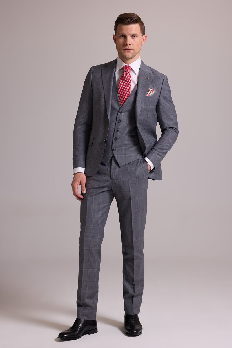Erkek Gri Slim Fit Kareli Yelekli Yün Mono Yaka Takım Elbise - 3