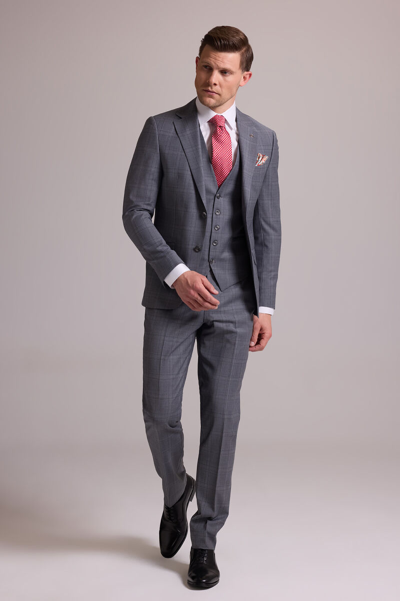Erkek Gri Slim Fit Kareli Yelekli Yün Mono Yaka Takım Elbise - 4