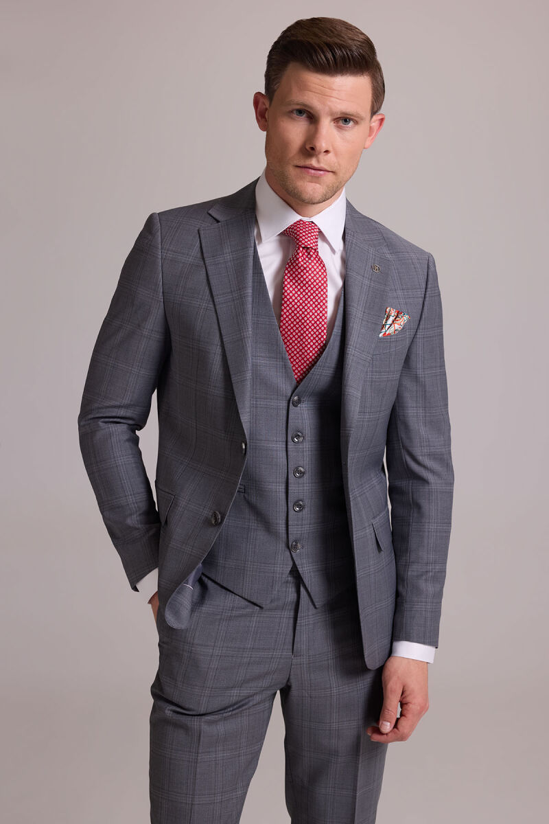 Erkek Gri Slim Fit Kareli Yelekli Yün Mono Yaka Takım Elbise - 5