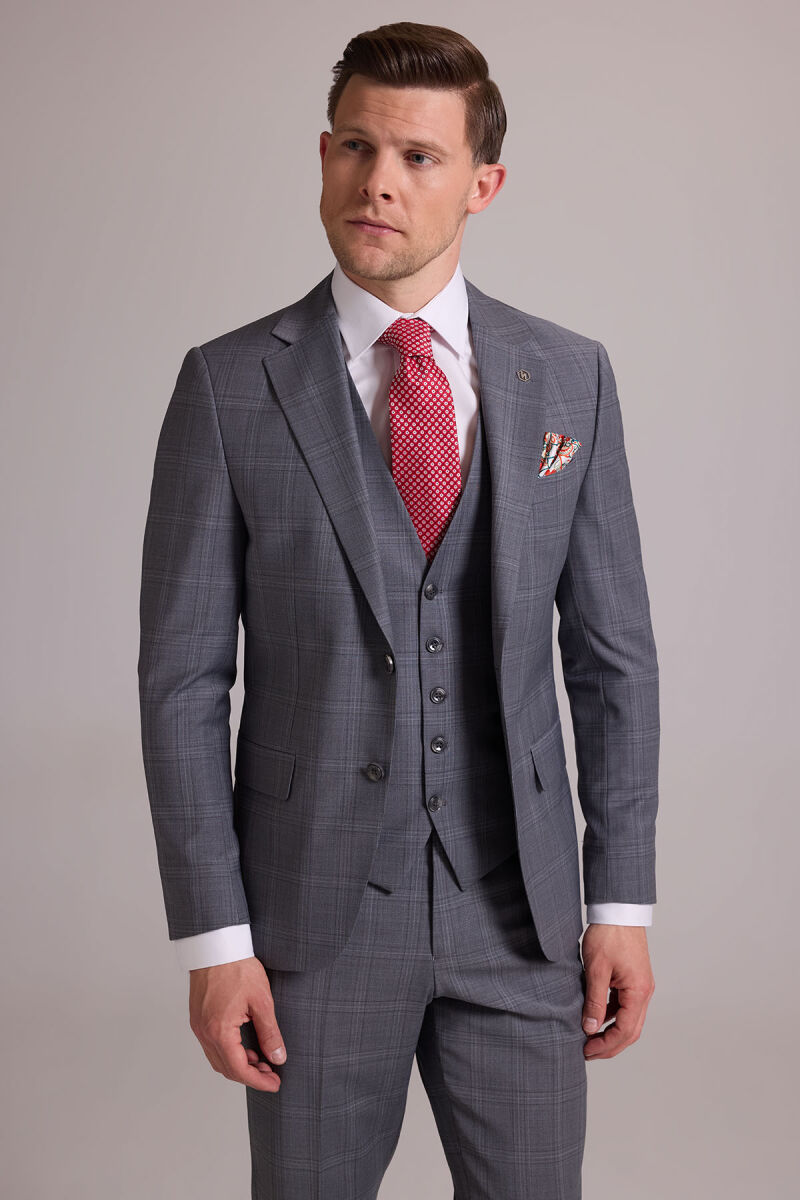 Erkek Gri Slim Fit Kareli Yelekli Yün Mono Yaka Takım Elbise - 6