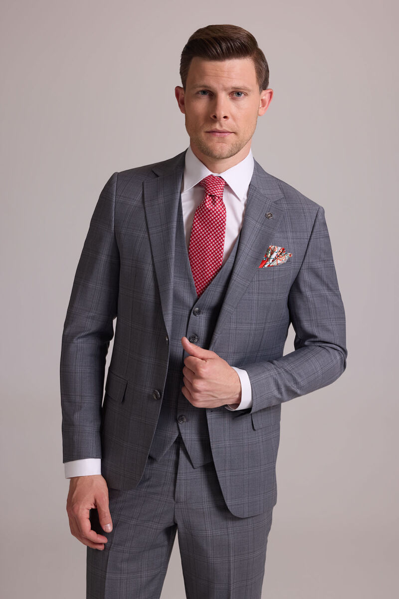 Erkek Gri Slim Fit Kareli Yelekli Yün Mono Yaka Takım Elbise - 7
