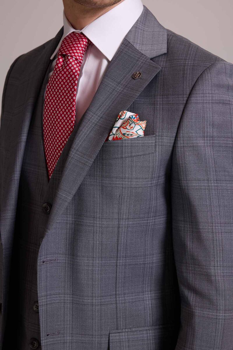Erkek Gri Slim Fit Kareli Yelekli Yün Mono Yaka Takım Elbise - 8