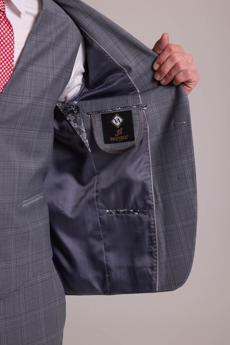 Erkek Gri Slim Fit Kareli Yelekli Yün Mono Yaka Takım Elbise - 9
