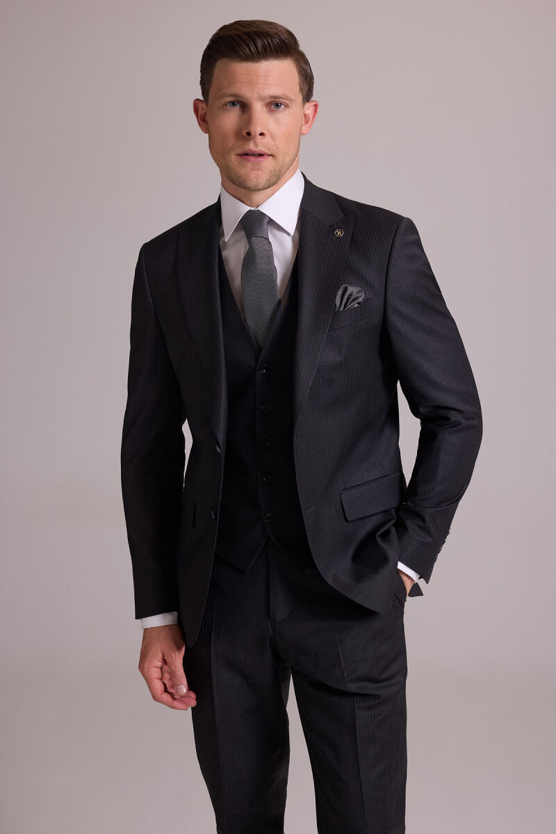Erkek Gri Slim Fit Kırlangıç Yaka Yelekli Çizgili Yün Takım Elbise - 7