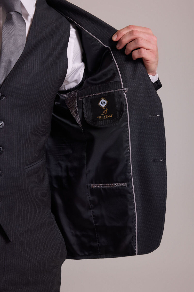 Erkek Gri Slim Fit Kırlangıç Yaka Yelekli Çizgili Yün Takım Elbise - 9