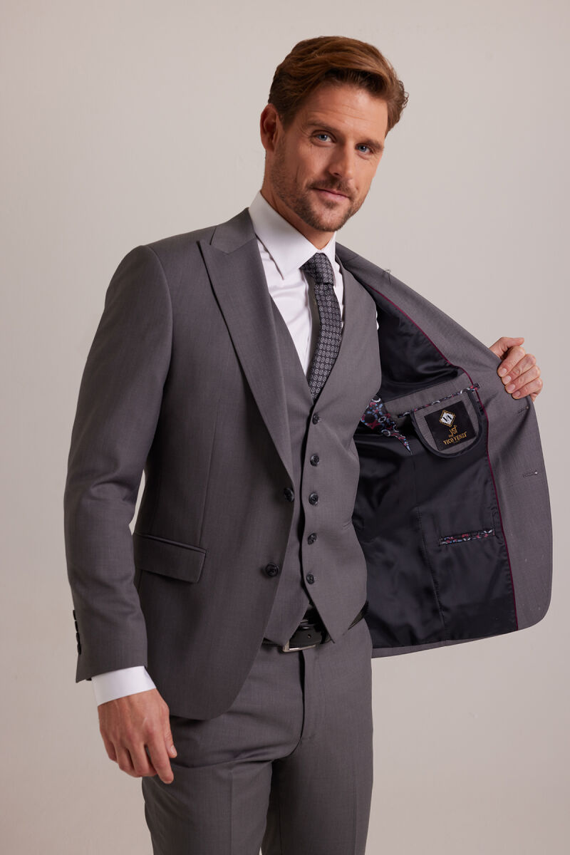 Erkek Gri Slim Fit Sivri Yaka Yelekli Takım Elbise - 6
