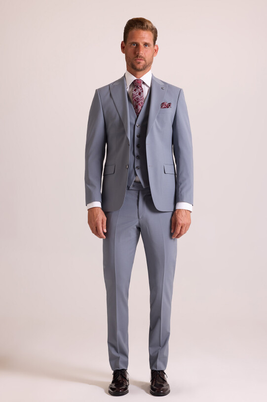Erkek Gri Slim Fit Sivri Yaka Yelekli Takım Elbise