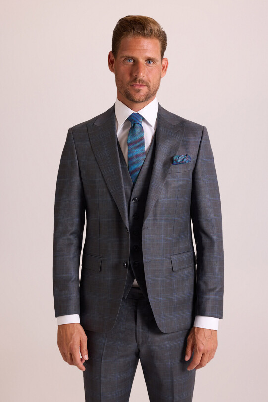 Erkek Gri Slim Fit Sivri Yaka Yelekli Yün Takım Elbise