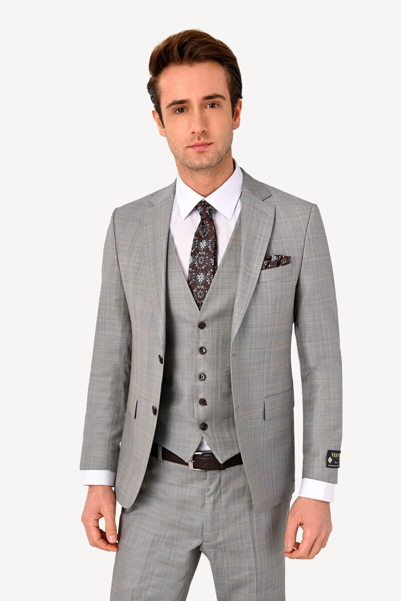 Erkek Gri Slim Fit Yelekli Kareli Takım Elbise - 2