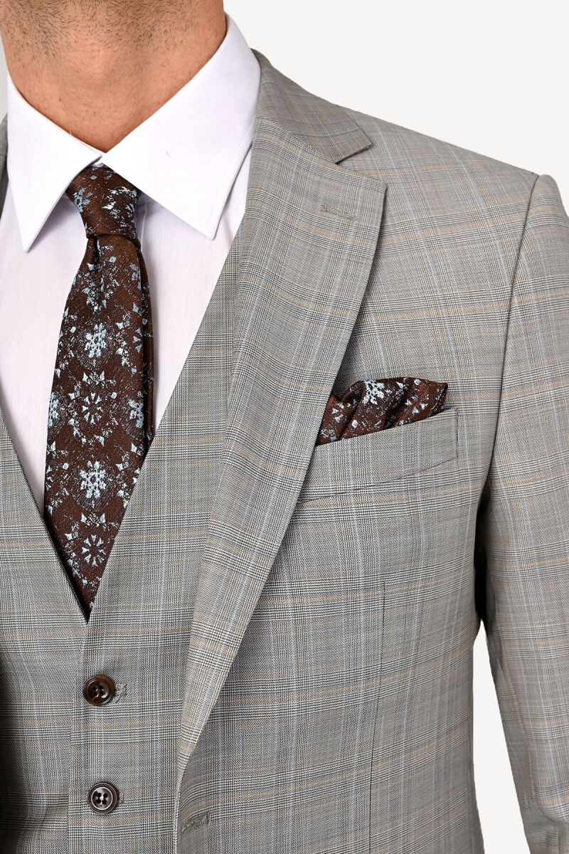 Erkek Gri Slim Fit Yelekli Kareli Takım Elbise - 3