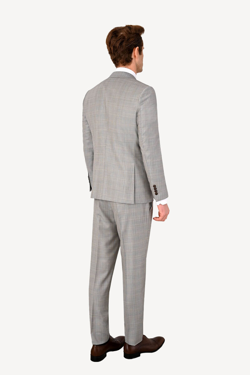 Erkek Gri Slim Fit Yelekli Kareli Takım Elbise - 4