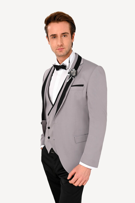 Erkek Gri Slim Fit Yelekli Şal Yaka Damatlık