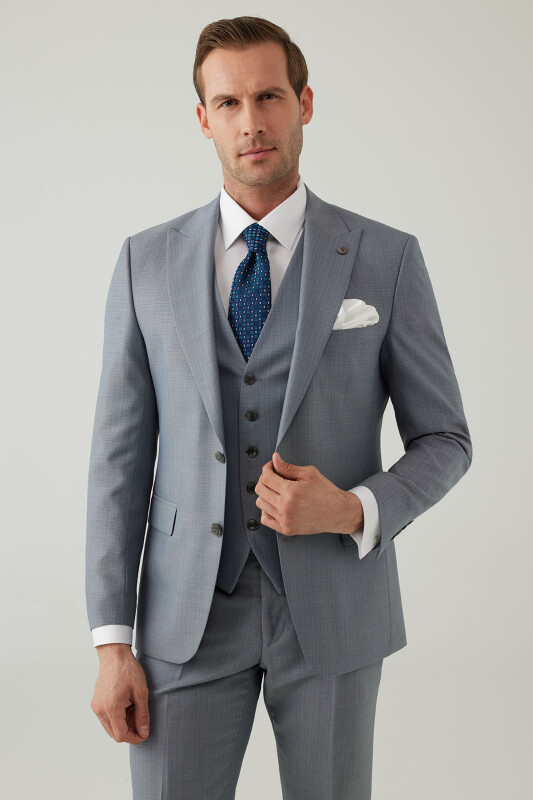 Erkek Gri Slim Fit Yelekli Sivri Yaka Yün Takım Elbise