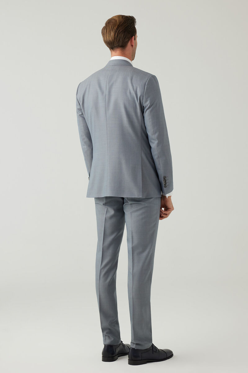 Erkek Gri Slim Fit Yelekli Sivri Yaka Yün Takım Elbise - 12