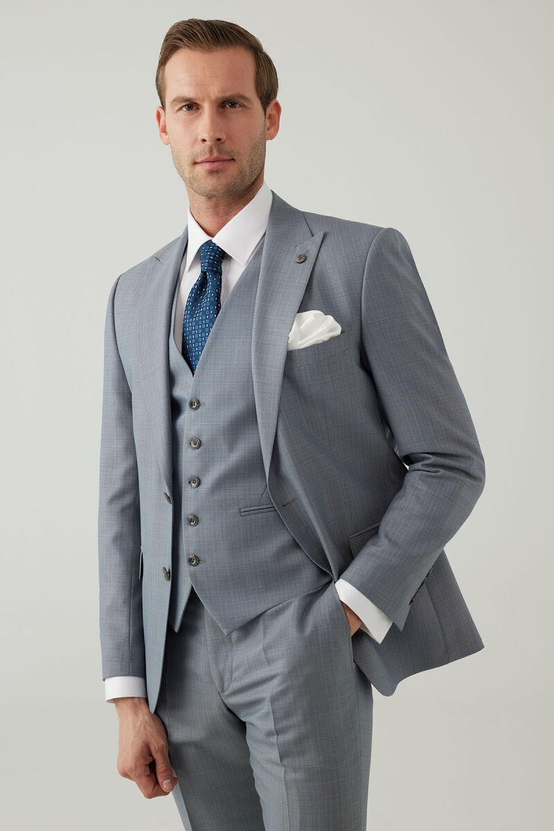 Erkek Gri Slim Fit Yelekli Sivri Yaka Yün Takım Elbise - 2