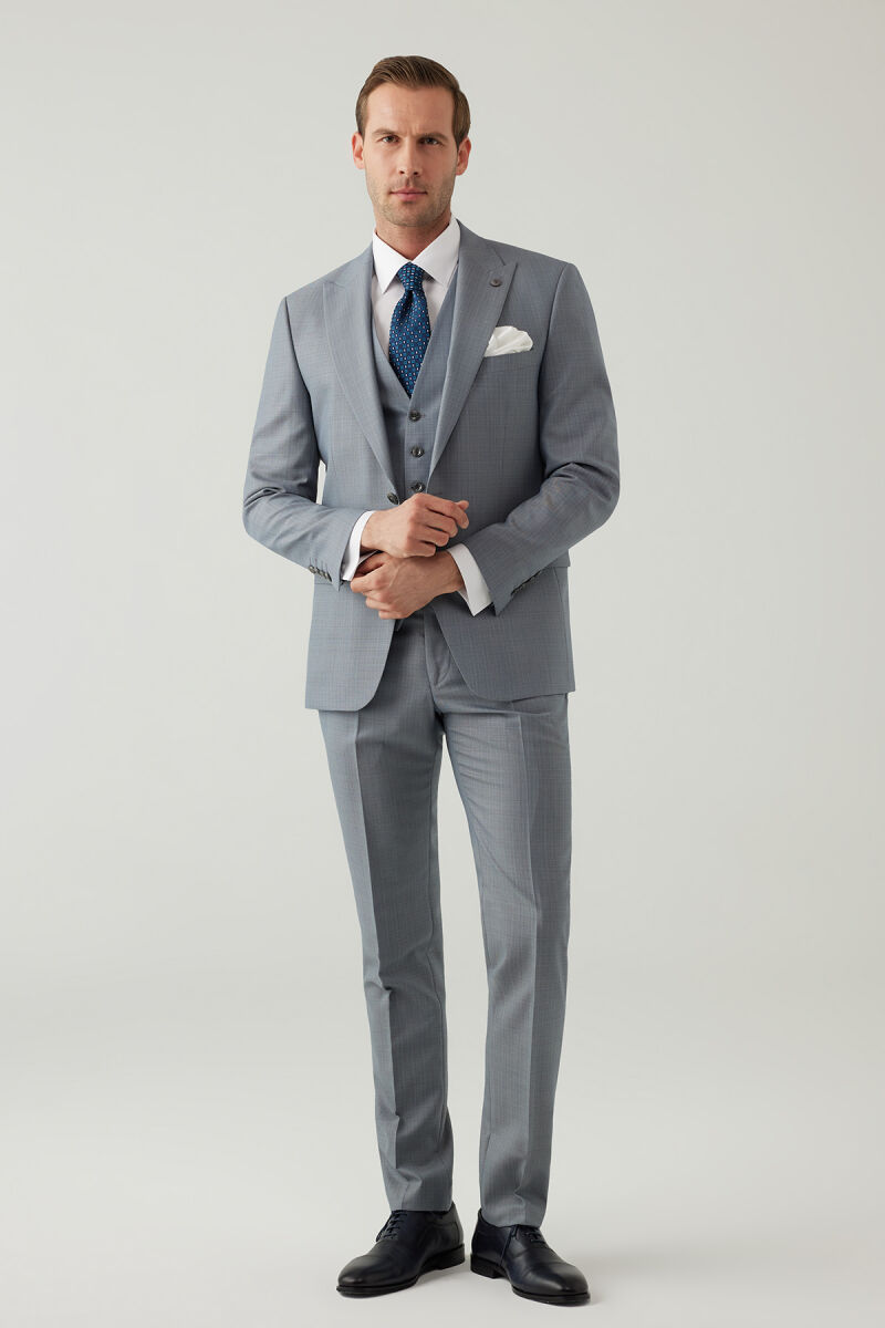 Erkek Gri Slim Fit Yelekli Sivri Yaka Yün Takım Elbise - 3