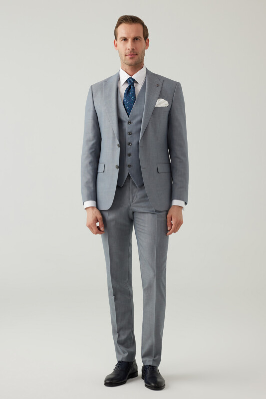Erkek Gri Slim Fit Yelekli Sivri Yaka Yün Takım Elbise