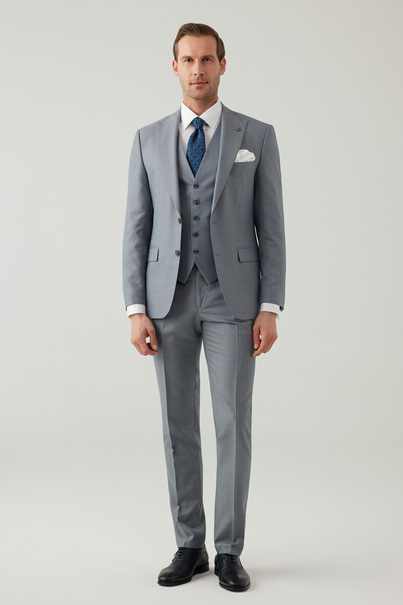 Erkek Gri Slim Fit Yelekli Sivri Yaka Yün Takım Elbise - 4