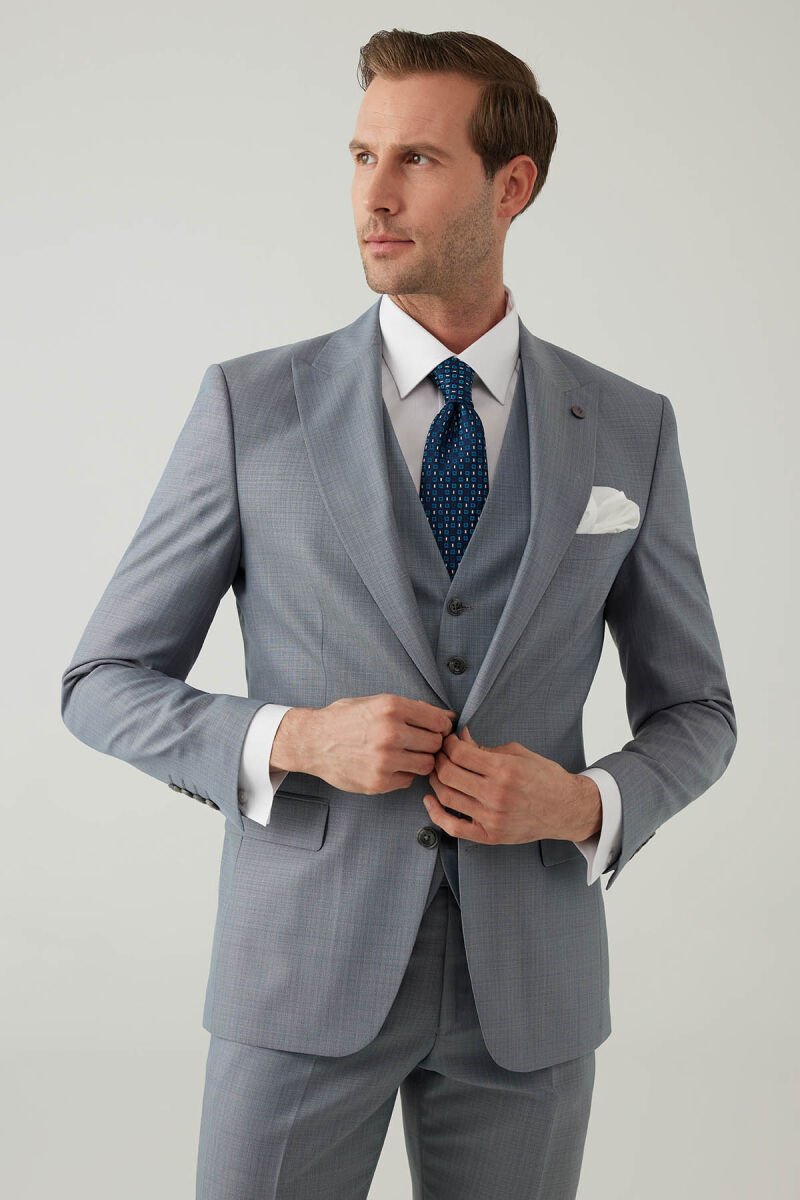 Erkek Gri Slim Fit Yelekli Sivri Yaka Yün Takım Elbise - 5