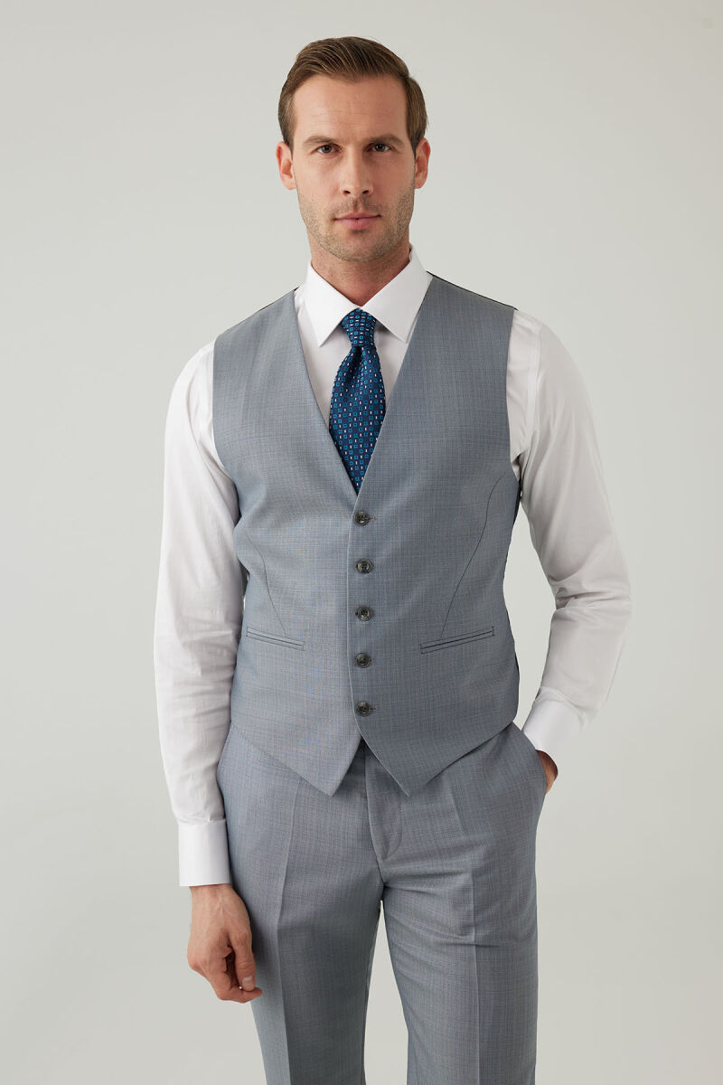 Erkek Gri Slim Fit Yelekli Sivri Yaka Yün Takım Elbise - 6