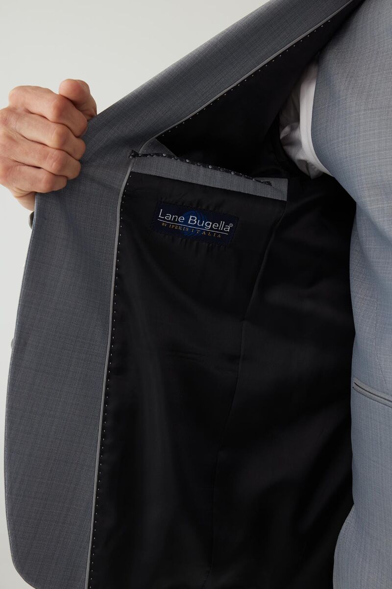 Erkek Gri Slim Fit Yelekli Sivri Yaka Yün Takım Elbise - 7