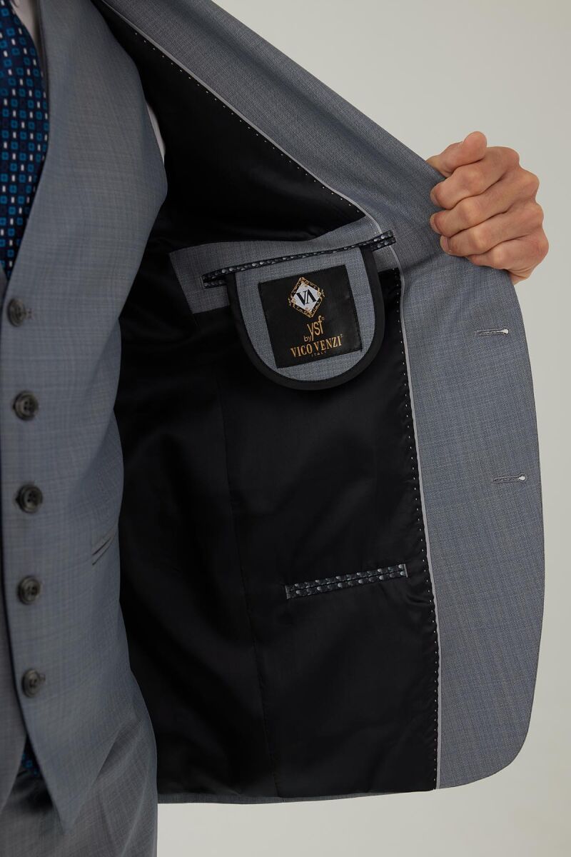 Erkek Gri Slim Fit Yelekli Sivri Yaka Yün Takım Elbise - 8