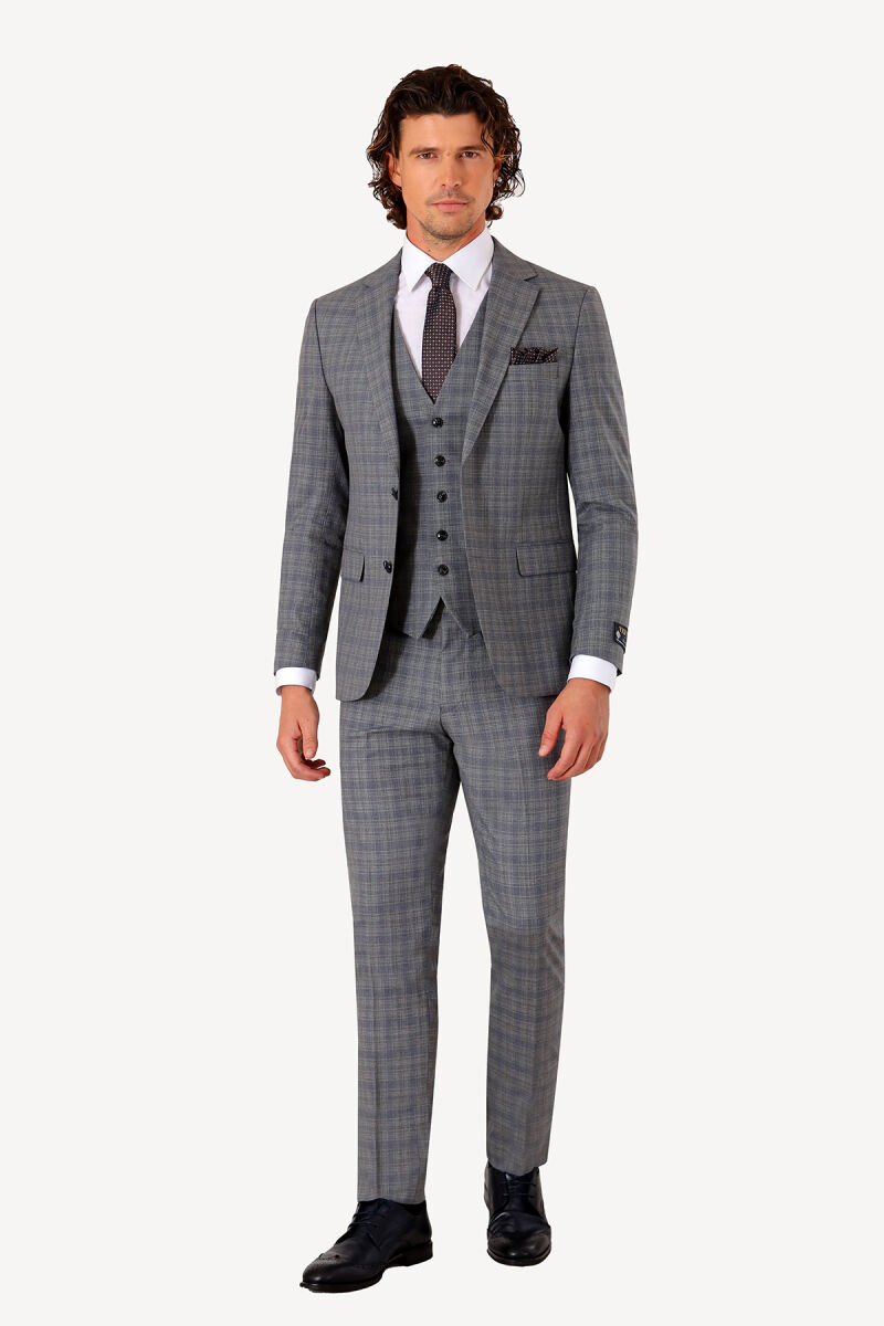 Erkek Gri Slim Fit Yelekli Takım Elbise - 1