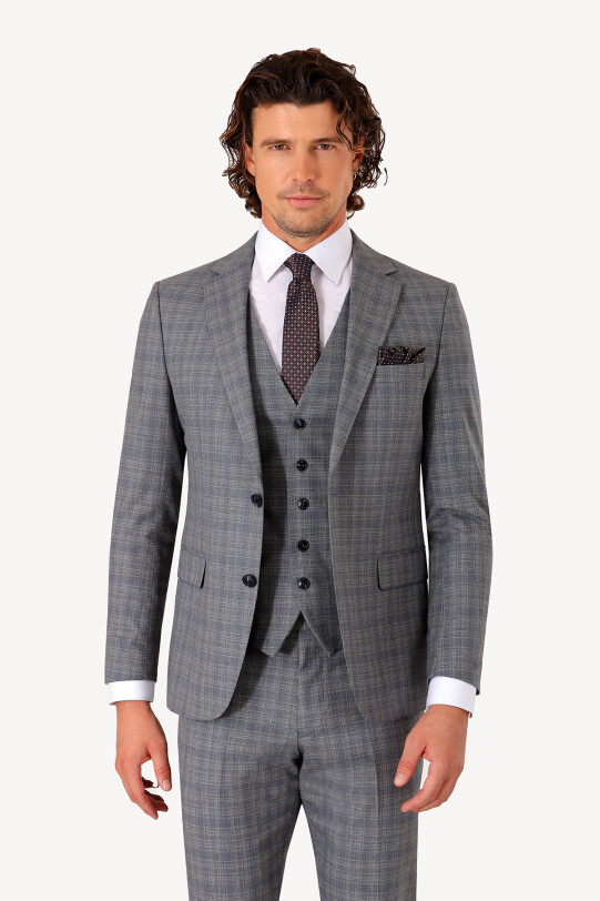 Erkek Gri Slim Fit Yelekli Takım Elbise