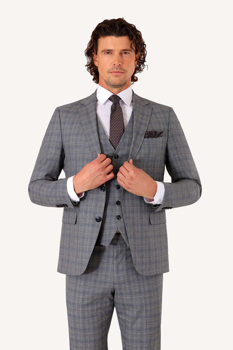 Erkek Gri Slim Fit Yelekli Takım Elbise - 3