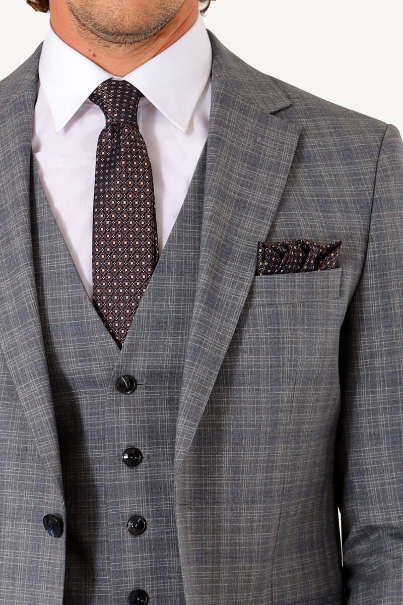 Erkek Gri Slim Fit Yelekli Takım Elbise - 5