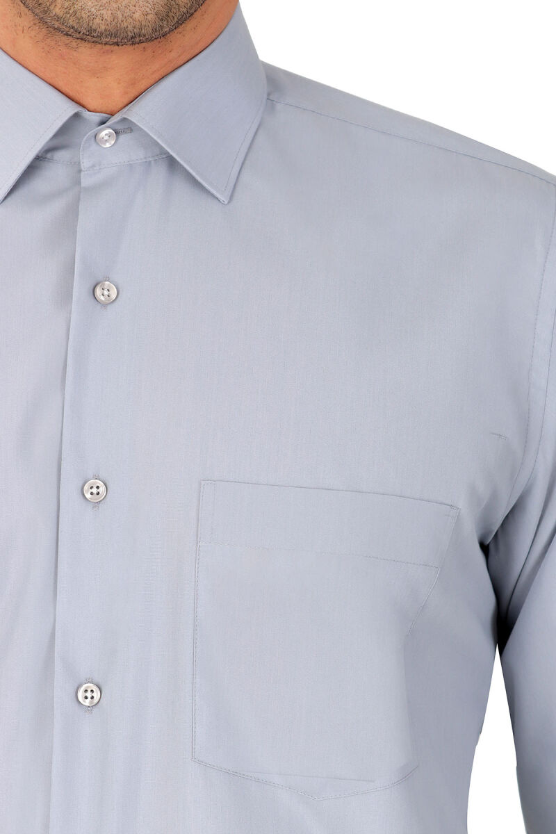 Erkek Gri Uzun Kol Klasik Pamuklu Gömlek - 3
