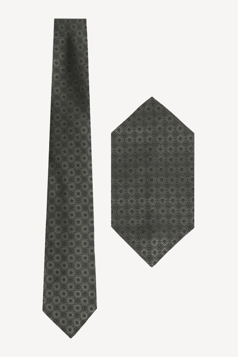 Erkek Haki Yeşil Desenli Kravat Mendil Set - 1