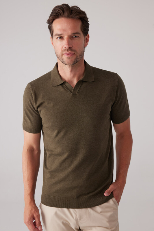 Erkek Haki Yeşil Polo Yaka Pamuk Kaşmir İçerikli T-shirt