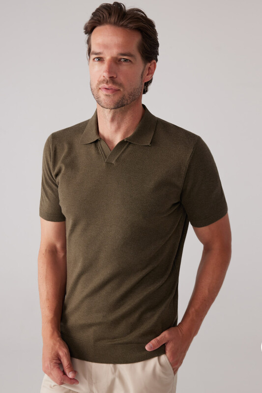 Erkek Haki Yeşil Polo Yaka Pamuk Kaşmir İçerikli T-shirt