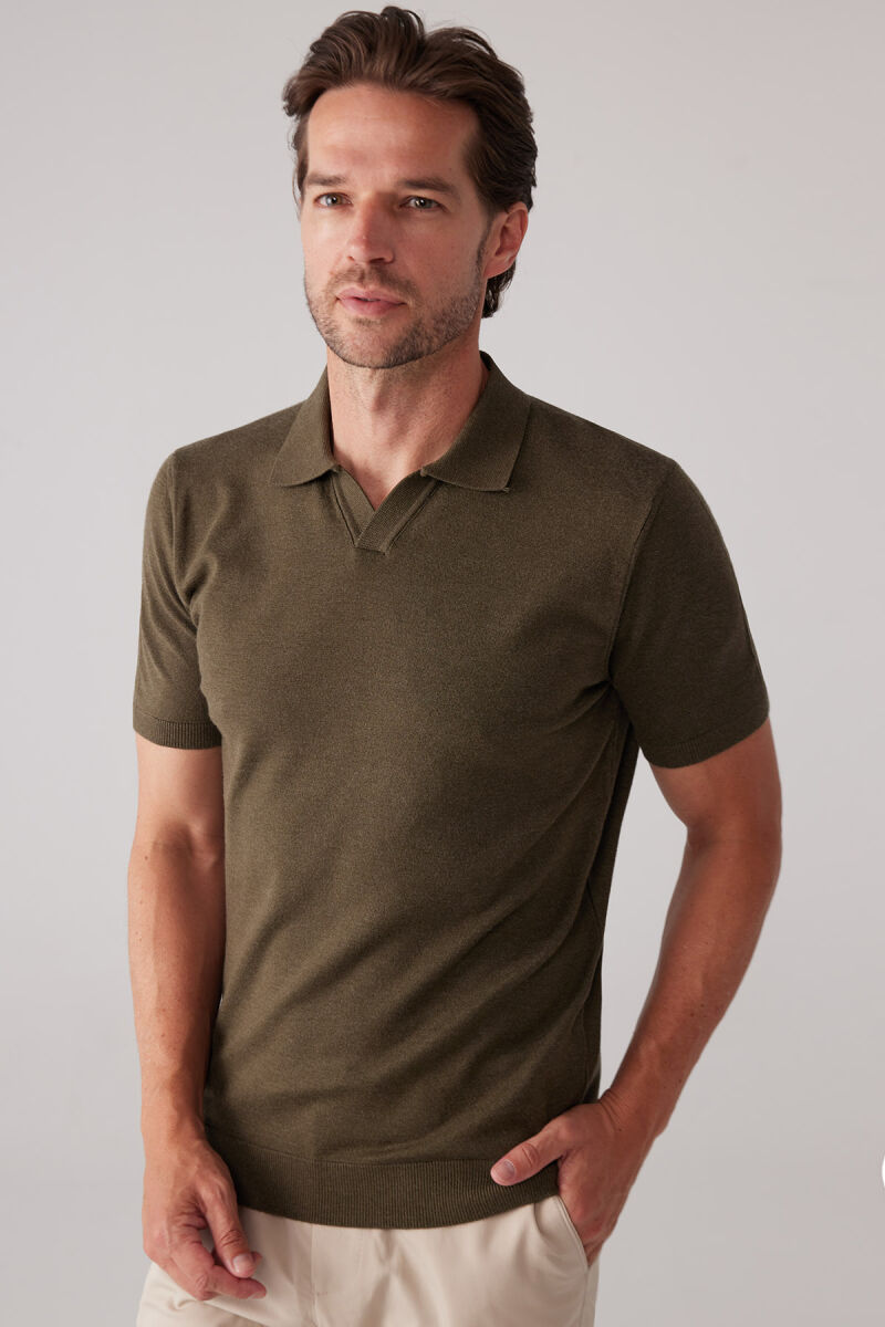 Erkek Haki Yeşil Polo Yaka Pamuk Kaşmir İçerikli T-shirt - 3